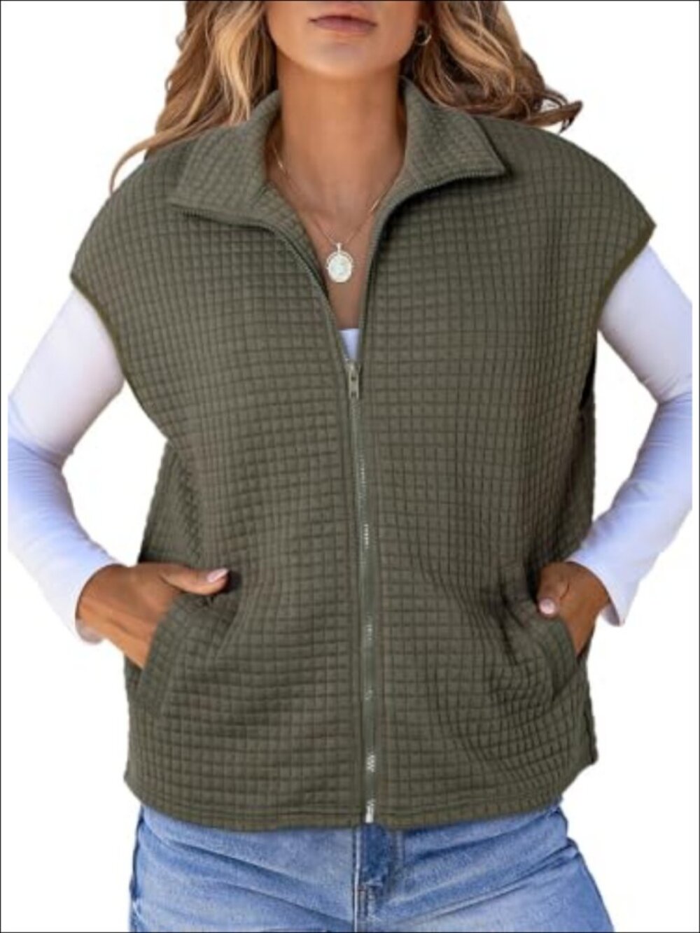 Waffle Knit Zip Up Vest Cap Sleeve Loose Fit Fall Layering Outerwear